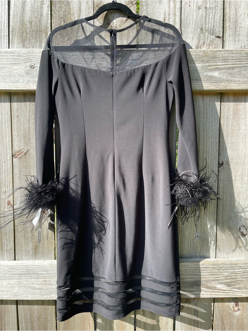 Black Long-Sleeve Sheer Shoulder Dress with Feather Cuffs Sz 12 - Picture 7 of 10